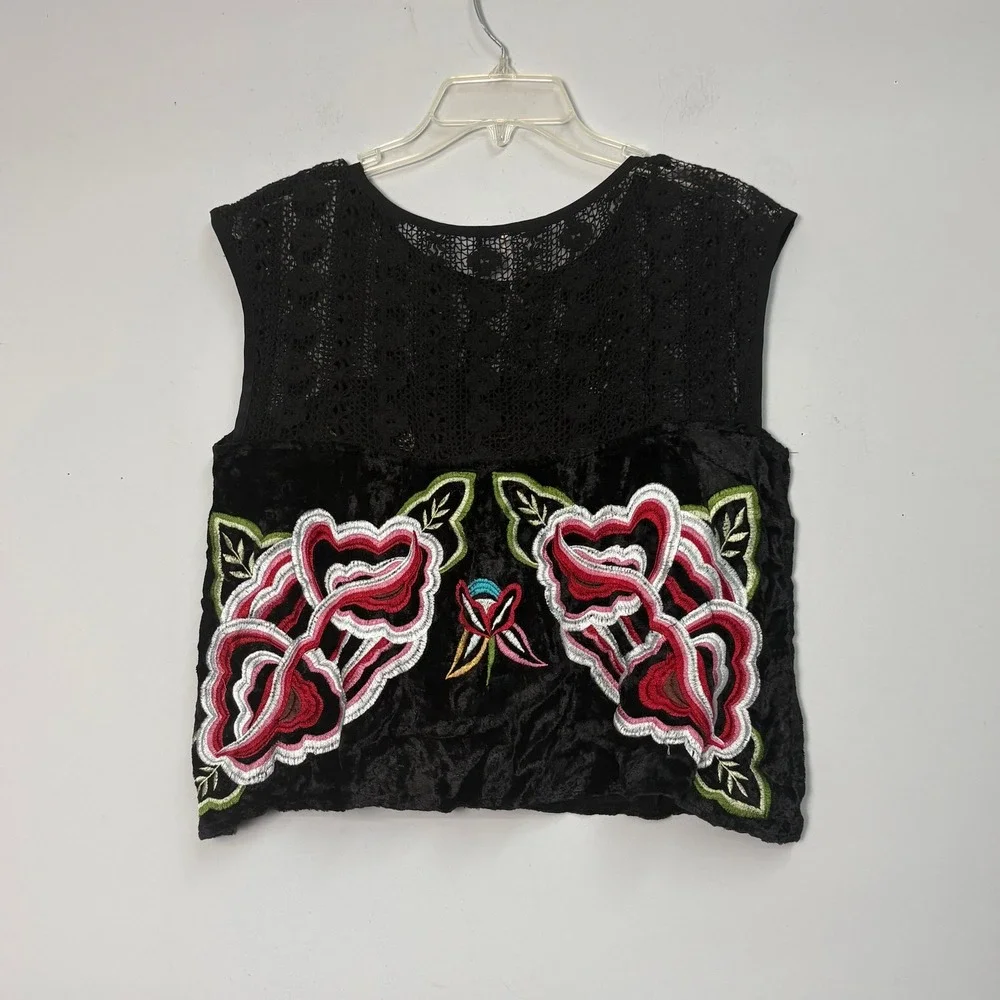 Free People Black Velvet Embroidered Floral Lace Yoke Boho Tank Top Medium